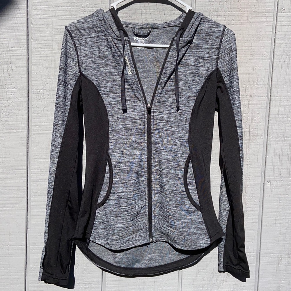 Reebok black and heather grey active wear track jacket with hood size xs